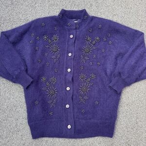 BELLDINI Purple Angora Blend Beaded Cardigan Sweater Soft Lambswool Vintage Lg